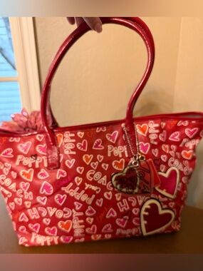 Coach Poppy Red Tote with Pink & White Heart Print-2010